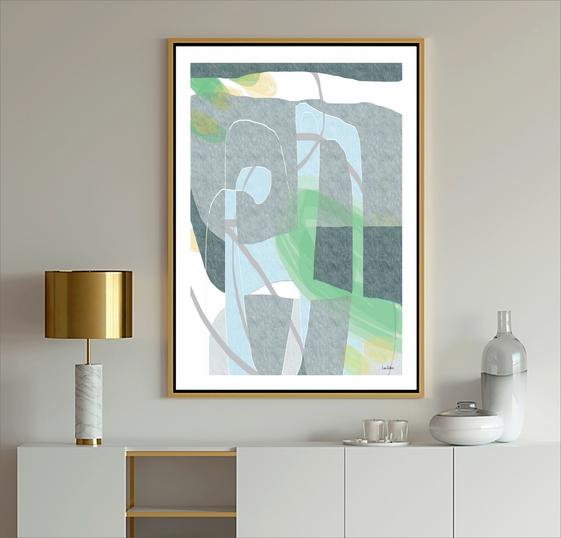 Blue Abstract Modern Art painting with geometric shapes in blue, light blue, gray, lavender and white with black lines from Dubois Art