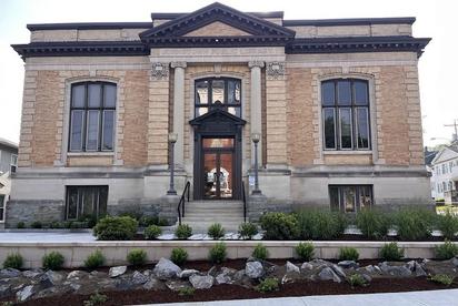 close-up of library building and new plantings