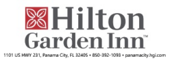 Logo says Hilton Garden Inn 1101 US Highway 231, Panama City, SL 32405 - 850-392-1093 - Panama City,hgi.com