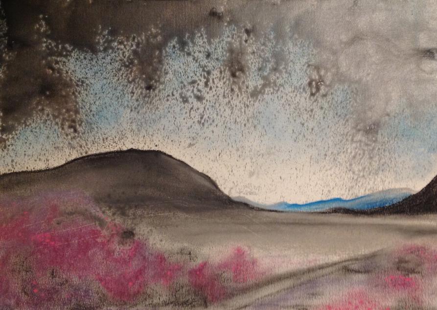 Maam Cross. 34x48cm. Re-imagined Connemara Lanscape. Pastels and Ink on 300grm. paper by Irish artist Orfhlaith Egan. Berlin, Germany.