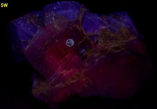 fluorescent FLUORITE, CALCITE, CHALCOPYRITE - Cave-in-Rock, Cave-in-Rock Sub-District, Illinois - Kentucky Fluorspar District, Hardin County, Illinois, USA - ex Morris Museum, ex Ken and Grace Borden