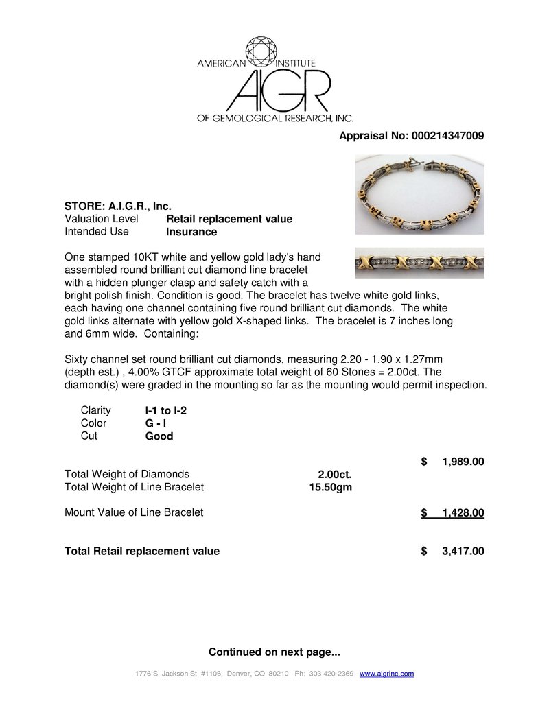 white and yellow gold lady's round brilliant cut diamond line bracelet Brilliant Jewelry Brokers