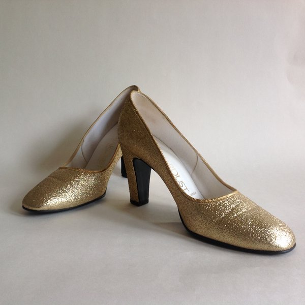 Dolcis Stardust Vintage 1960s Gold Larmé Fabric Court Shoe 3" Heel UK 3