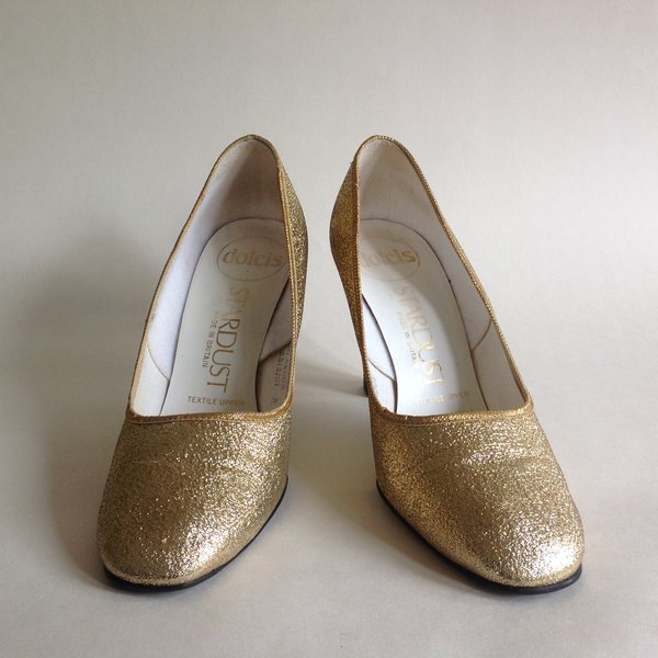 Dolcis Stardust Vintage 1960s Gold Larmé Fabric Court Shoe 3" Heel UK 3
