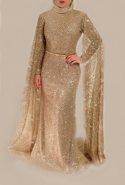 Gorgeous gold cape dress- USD  Luxury modest hijab dress 