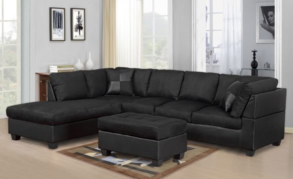 Black microfiber sectional with black leather base 