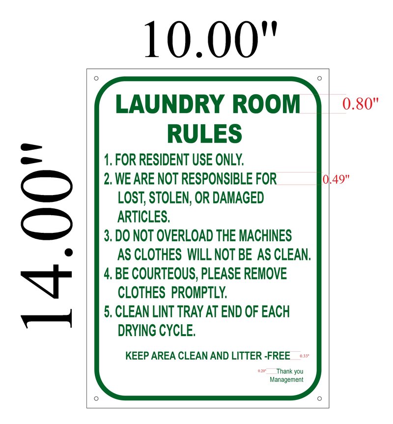 LAUNDRY ROOM RULES SIGN– WHITE ALUMINUM (14X10)  FIRE DEPARTMENT SIGNS