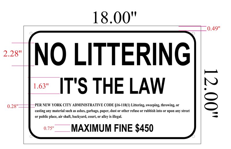Admin Code 16-18 No Littering It's the Law New York City Sign 1 Size Options 