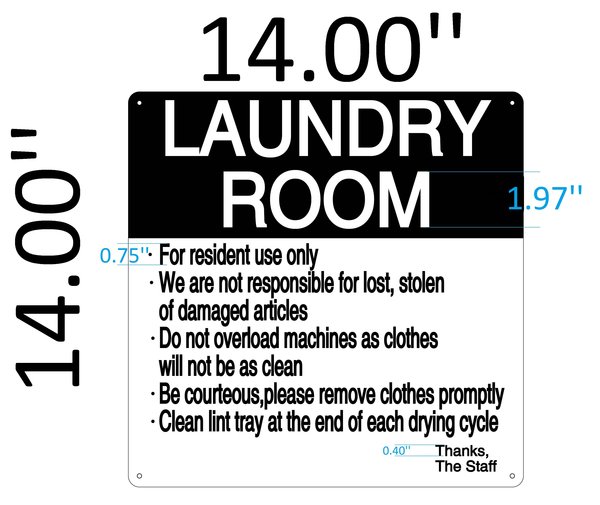 LAUNDRY ROOM RULES SIGN (BLACK&WHITE ALUMINUM SIGN IDEAL FOR NYC) HPD