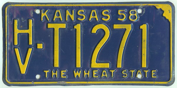 sample plates nj license truck Co. Harvey license 1958 #HV plate T1271 Kansas