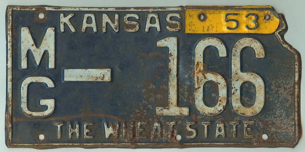 kansas license plates sample Montgomery 1953 license plate Co. #MG 1951 car 166 Kansas