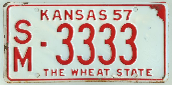 hawaii sample license plate 3333 Kansas Smith #SM license Kansas  1957 plate car  Co.