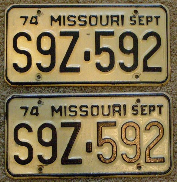 Missouri 1974 car license plate pair #S9Z-592 | Kansas ...