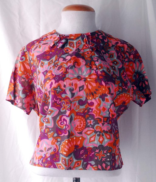 Women's 1960s Alice Steward Pink and Orange Abstract Shirt with Bow ...