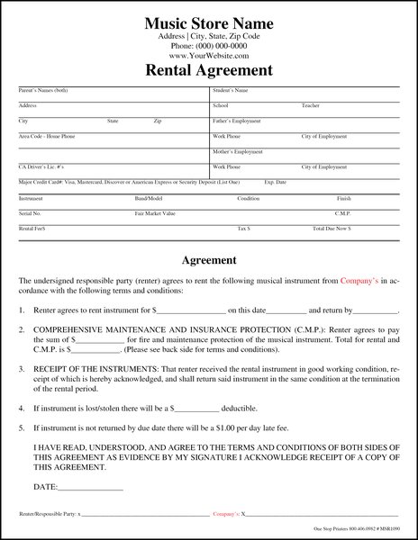 Music Store Instrument Rental Agreement | One Stop Printers & Direct ...