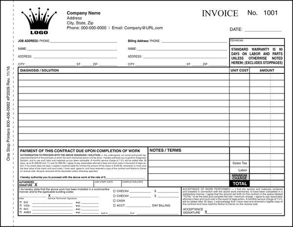 Florida Plumbing & Mechanical Field Invoice | One Stop Printers ...