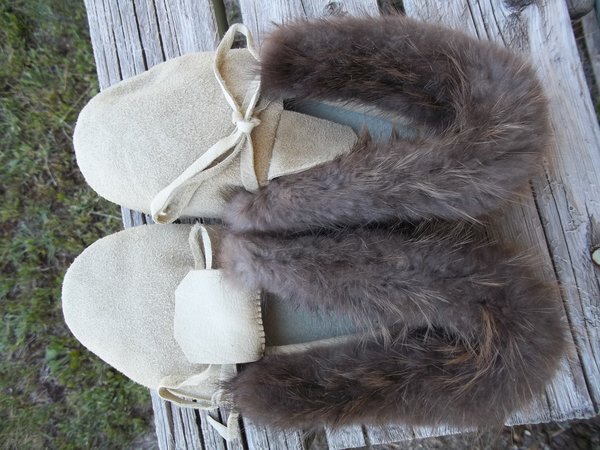 Smoke Elk Suede Leather Moccasins with Beaver Fur Trim | Campbell Fine Furs