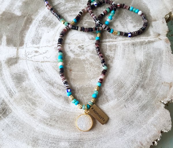 Long Druzy and Namaste Charm Necklace | meesa jewelry