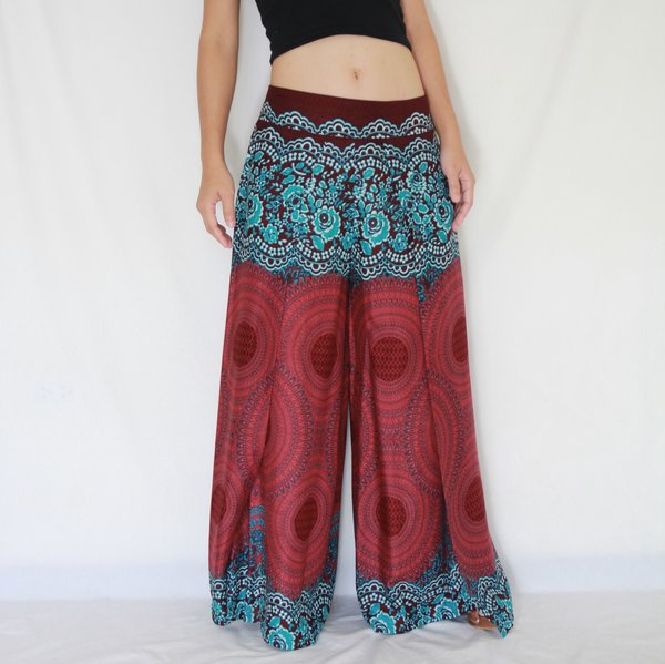 Women Loose Comfy Wide Leg Chakra Pants in Red Cotton Rayon | Unique ...