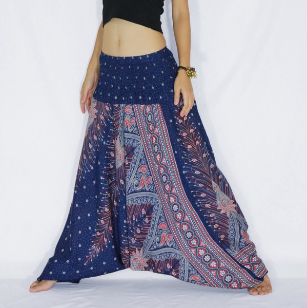 Women Navy Blue Peacock Feathers Yoga Jumpsuit Harem Pants | Unique ...