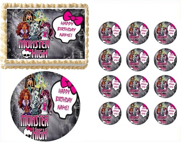 MONSTER HIGH DOLLS Skull and Bow Edible Cake Topper Image ...