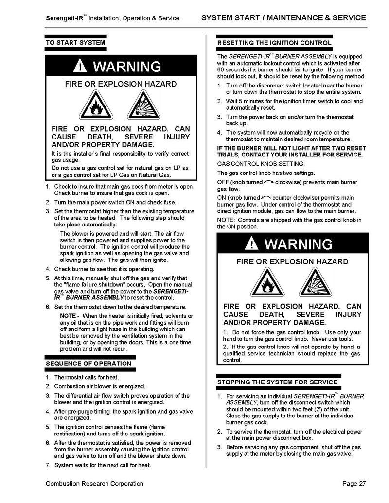 Installation Manual | Radiant Garage Heaters Serengeti-IR