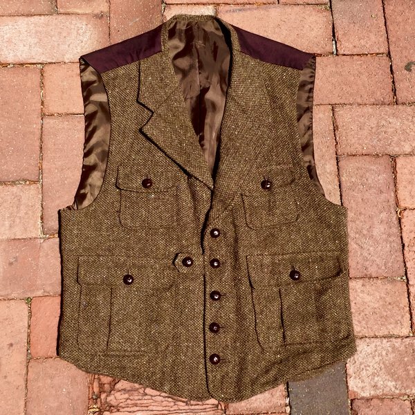 BRITISH STYLE WOOL TWEED HUNTING VEST with LEATHER BUTTONS & COTTON