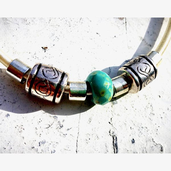 Cream Silk Cord Choker with Carved Turquoise and Silver Beads Beach