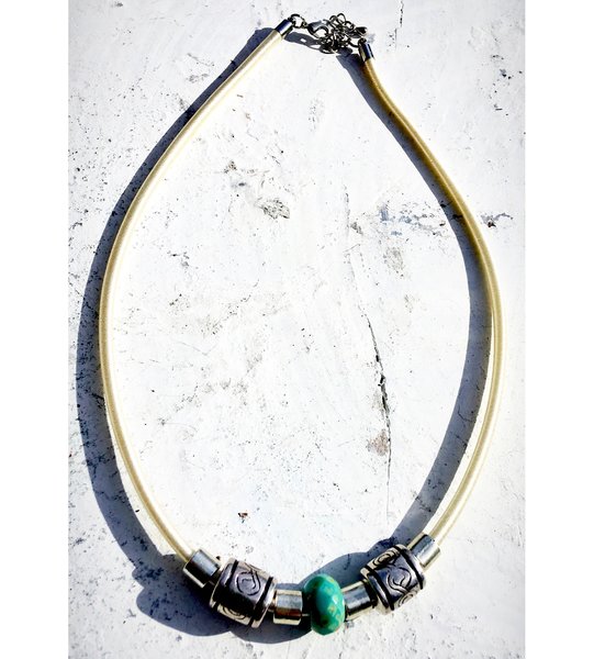 Cream Silk Cord Choker with Carved Turquoise and Silver Beads Beach