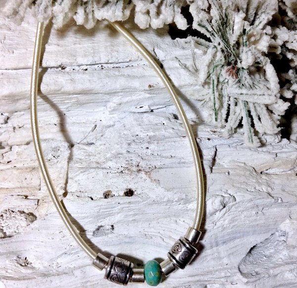 Cream Silk Cord Choker with Carved Turquoise and Silver Beads Beach