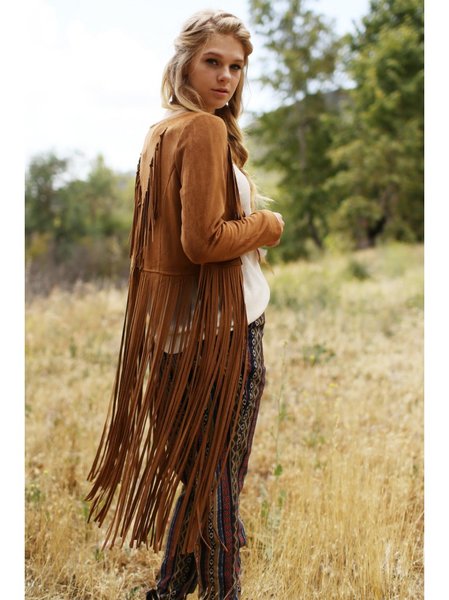 Boho Extra Long Hippie Fringe Faux Suede Cardigan Jacket ...