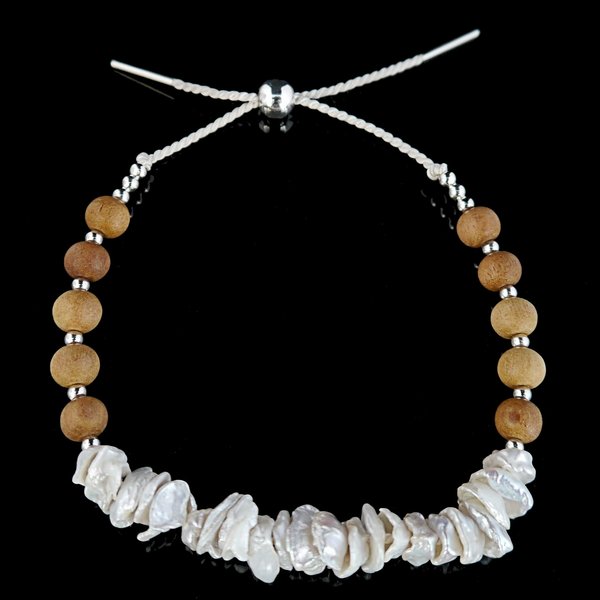 Silver Keshi Pearl and Aromatic Indian White Sandalwood Sterling Silver Slider Bracelet - Riya