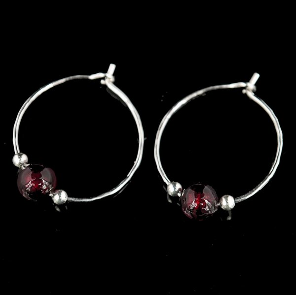 Darkest Ruby Red Venetian M urano Glass Hoop Earrings