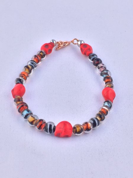 Artisan Made Day of the Dead Bracelet Red Skulls and fashion beads ...