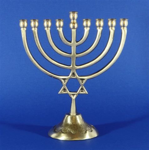 [ID: image of the Chanukiah described above on a blue background. The base has a wave design on the bottom of it. End ID]