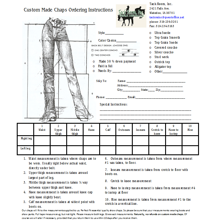 Chap Measurement Form Tack Room,Inc