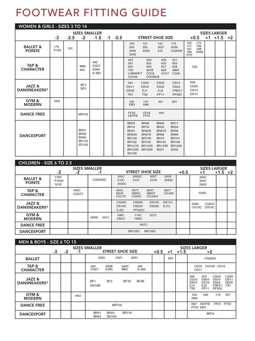 capezio tap shoe size chart